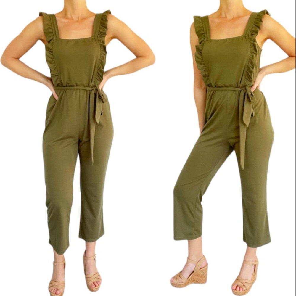 SHEIN army green sleeveless ruffle belted cropped jumpsuit size small